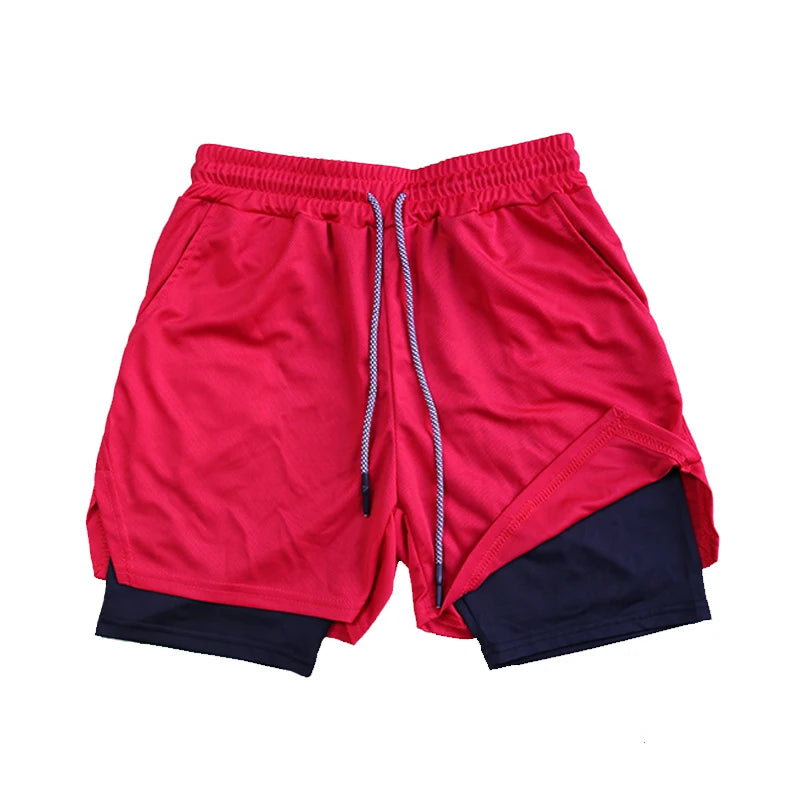 Men's Double Layer Fitness Shorts Drawstring Mesh Lining Elastic Waist Breathable Quick Dry to Beach Pool Summer Male