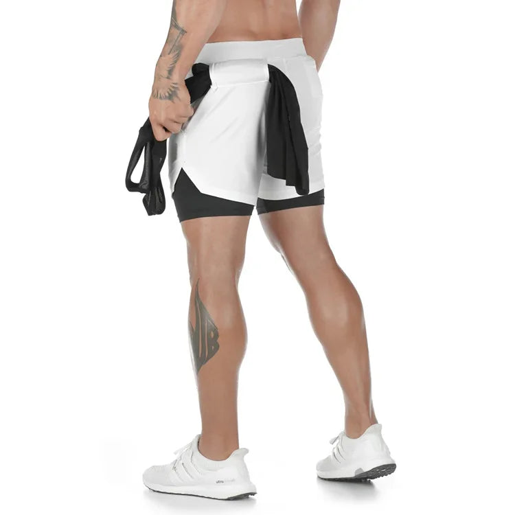 Men's Double Layer Fitness Shorts Drawstring Mesh Lining Elastic Waist Breathable Quick Dry to Beach Pool Summer Male